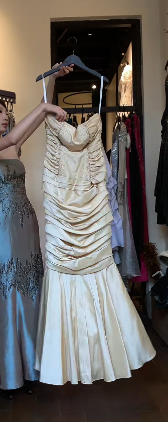 Vintage Gold Prom Dress Satin Strapless Mermaid Evening Dress DP05133