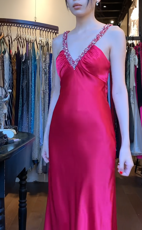 Vintage Hot Pink Prom Dress Satin V-neck Sheath Evening Dress DP05134