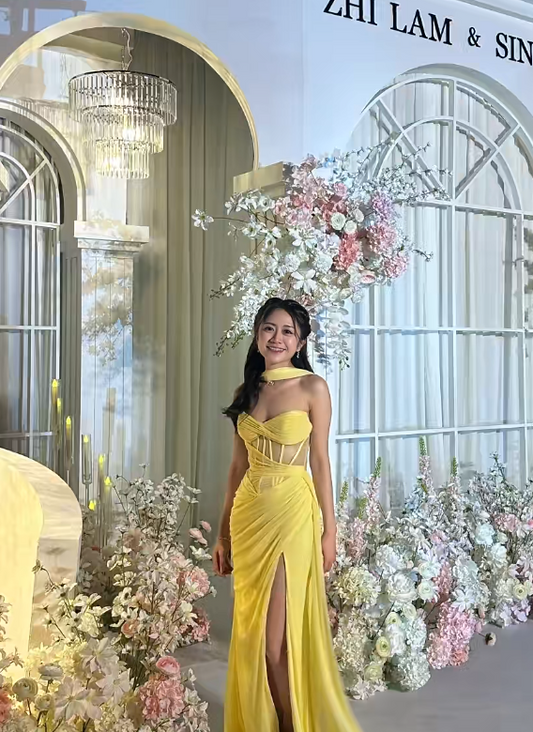 Cute Yellow Prom Dress Satin Sheath Wedding Guest Dress Sleevless Evening Dress DP05137