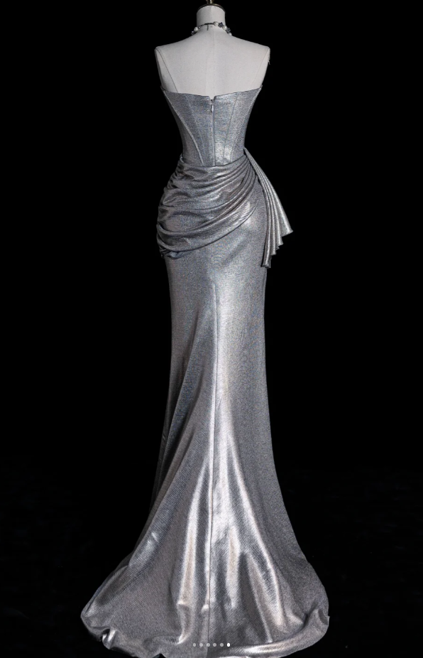 Chic Silver Prom Dress Strapless Satin Evening Dress Sheath Birthday Dress DP05177