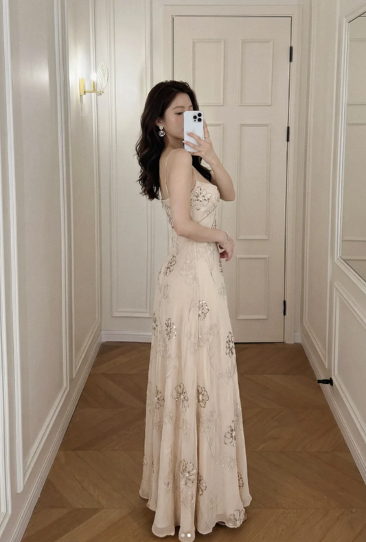 Chic Champagne Prom Dress Chiffon Beaded Evening Dress Sheath Birthday Dress DP05182