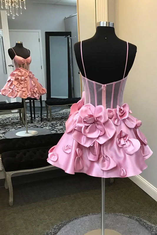Sexy Ball Gown Spaghetti Straps Satin Pink Short Summer 20th Birthday Dress Hoco Dress Birthday Outfit 18th Birthday Mini Party Dresses DP1172