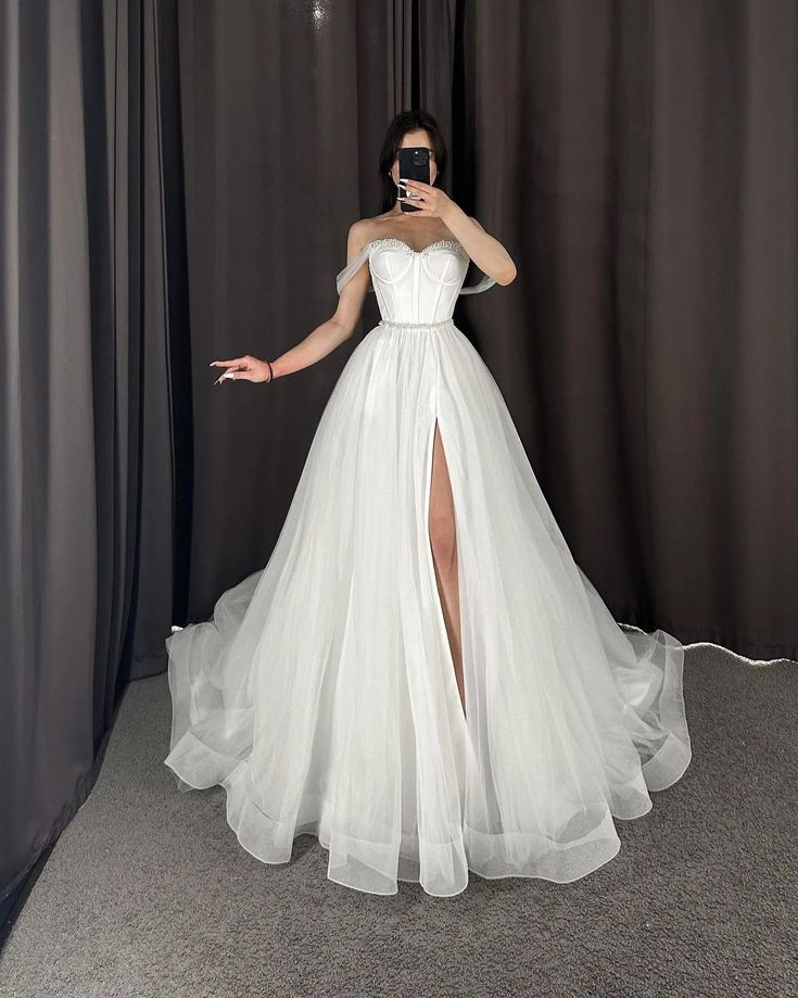 Simple Wedding Dress Ball Gown Off The Shoulder White Long Slit Wedding Dresses Bridal Gowns DP1372