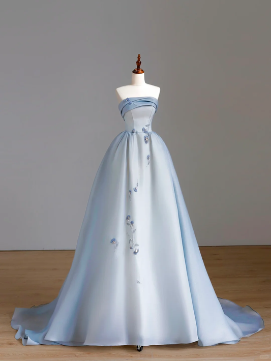 Elegant Glamour Ball Gown Strapless Blue Evening Gown Birthday Outfits Evening Dresses For Women DP1548