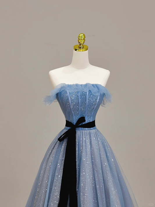 Elegant Glamour Ball Gown Strapless Blue Tulle Prom Dress Party Dress Long Evening Dresses DP1544