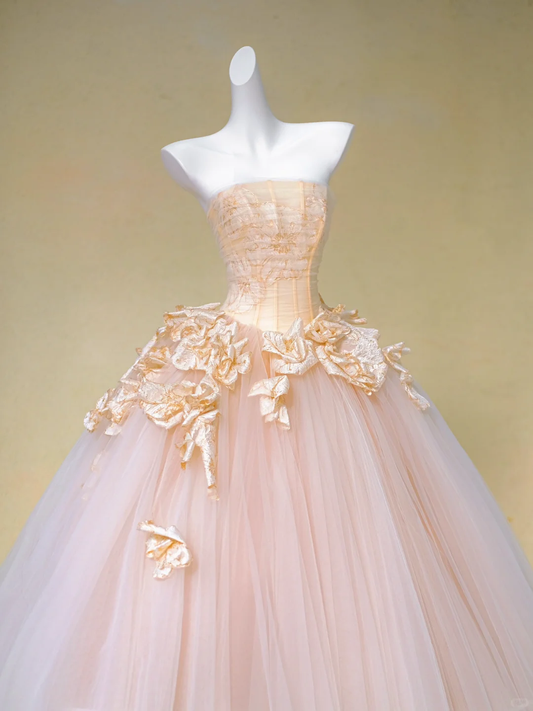 Pretty Wedding Dress Ball Gown Strapless Pink Tulle Floral Long Wedding Dresses Bridal Gowns DP1981
