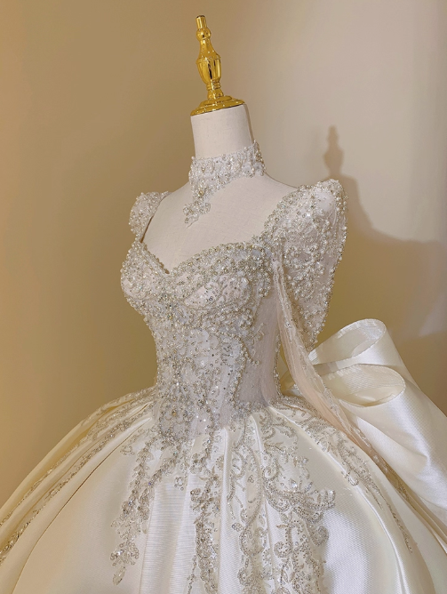 Princess Bridal Dress Ball Gown V-Neck Satin White Beads Long Wedding Dress Modest Long Sleeves Bridal Gowns DP2768