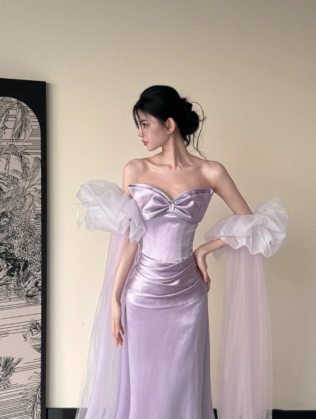 Modest Lavender Sheath Formal Evening Dress Satin Asymmetrical Neck Birthday Dress Elegant Graduation Dress DP2834