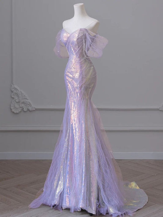 Sexy Purple Laser Sequin Beaded Mermaid Women Evening Dress with Puff Sleeves Tassel Pearls Tulle Train Prom Gown Formal Dress DP283