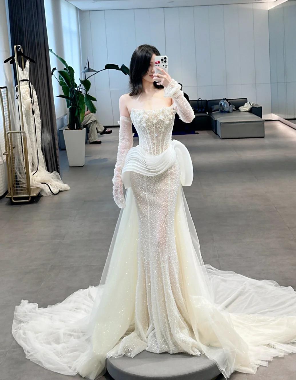 Modest Strapless Sheath Bridal Gown Glam Tulle Beaded Train Wedding Dress DP2861