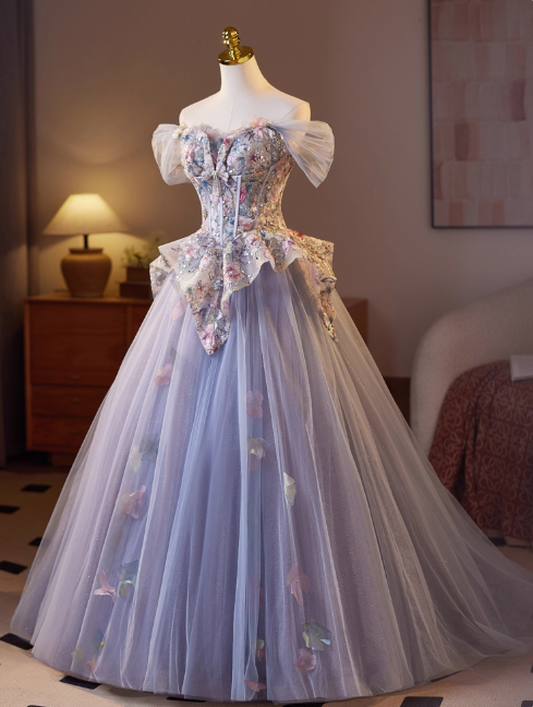 Sweet Off-shoulder A-Line Tulle Appliqued Long Prom Dresses,PurpleFormal Evening Dresses DP3142