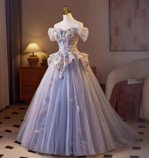 Sweet Off-shoulder A-Line Tulle Appliqued Long Prom Dresses,PurpleFormal Evening Dresses DP3142