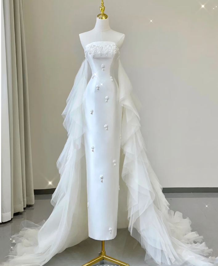 Unique Sheath Strapless Neckline Satin Long Wedding Dresses White Brides Dress DP457