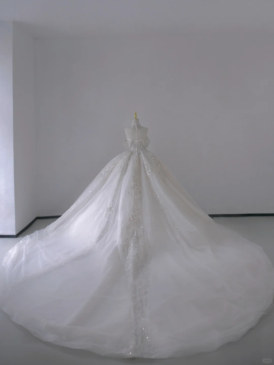 Timeless Ball Gown Off The Shoulder Short Sleeves Long Satin White Sweep Train Wedding Dresses Brides Dress DP503
