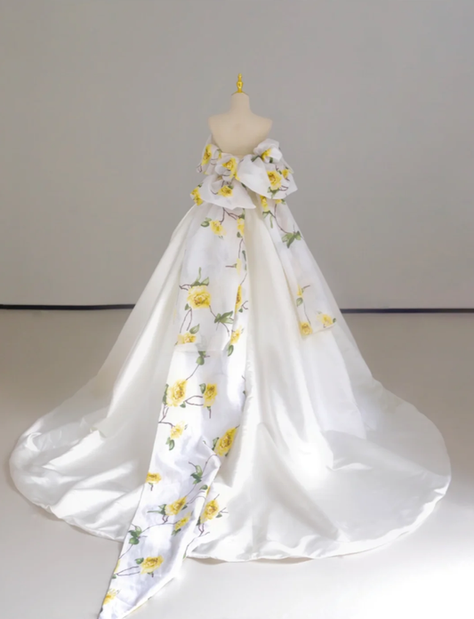 Dreamy Ball Gown Off The Shoulder Satin Long Floral Wedding Dresses Summer Brides Dress DP518