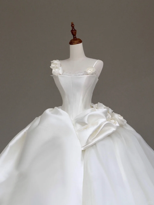 Unique Bridal Gown Ball Gown Straps White Satin Wedding Dresses Bridal Gowns DP638