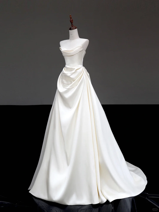 Unique Bridal Gown Ball Gown Strapless White Satin Sleeveless Wedding Dresses Bridal Gowns DP657