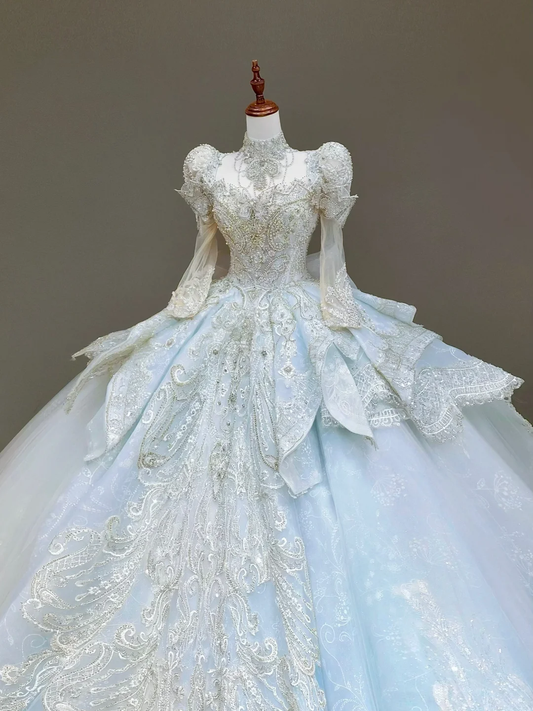 Princess Bridal Gown Ball Gown High Neckline Blue Sequin Beads Wedding Dresses Bridal Gowns DP830