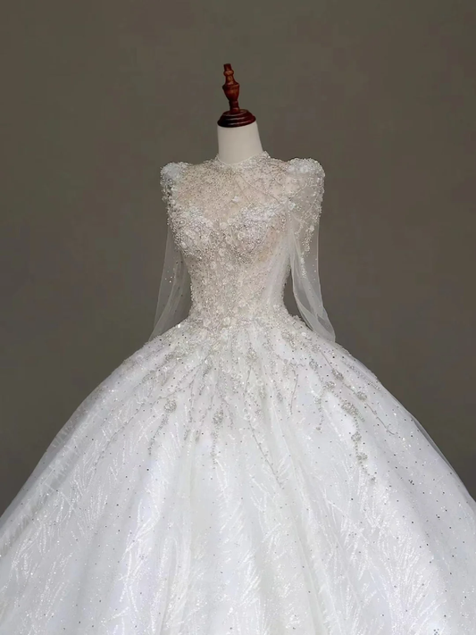Princess Bridal Gown Ball Gown High Neckline White Sequin Beads Wedding Dresses Winter Bridal Gowns DP847