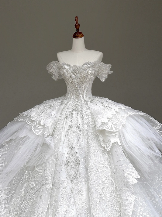 Princess Bridal Gown Ball Gown Off The Shoulder White Sequin Beads Wedding Dresses Winter Bridal Gowns DP875