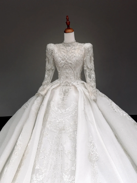 Princess Bridal Gown Ball Gown High Neckline White Sequin Beads Wedding Dresses Winter Bridal Gowns DP880