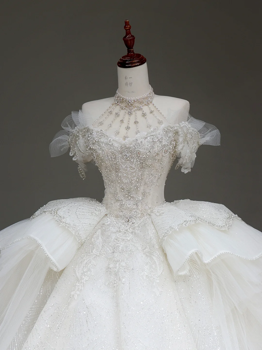 Princess Bridal Gown Ball Gown Off The Shoulder White Sequin Beads Wedding Dresses Winter Bridal Gowns DP886