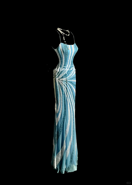 Vintage Mermaid Spaghetti Straps Blue Chiffon Long Prom Dress Party Dress Evening Dresses DP912