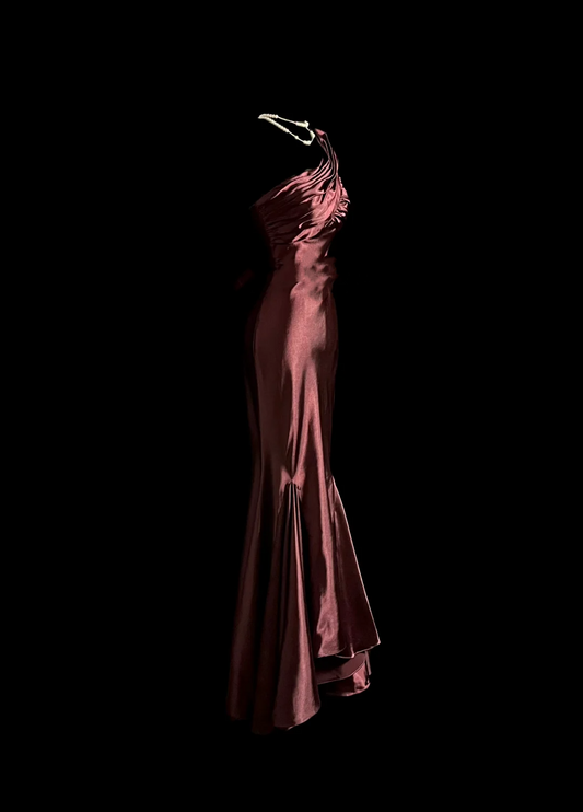 Elegant Glamour Mermaid One Shoulder Burgundy Satin Long Prom Dresses Party Dress Evening Dress DP919