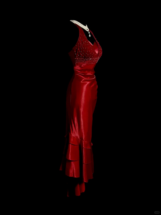 Vintage Mermaid Halter Sleeveless Red Satin Long Prom Dresses Ruffles Evening Gowns Evening Dress DP942