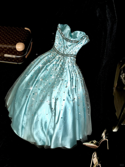 Stunning A Line Sweetheart Neck Beaded Blue Tulle Satin Party Dress Wedding Guest Dress SH3139