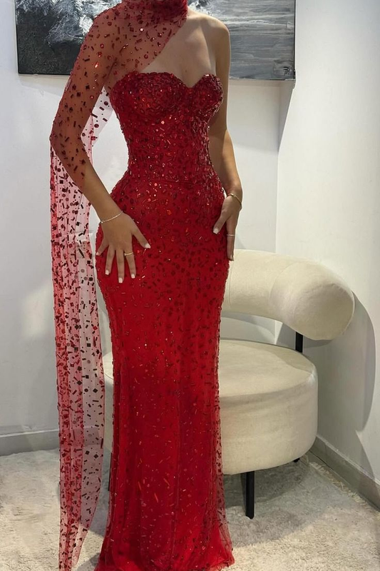 Gorgeous Red Strapless Tulle Beaded Mermaid Evening Dress Long Party Gown D835