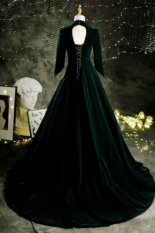 Velvet A-Line V-Neck Half Sleeves Appliques Formal Prom Dress