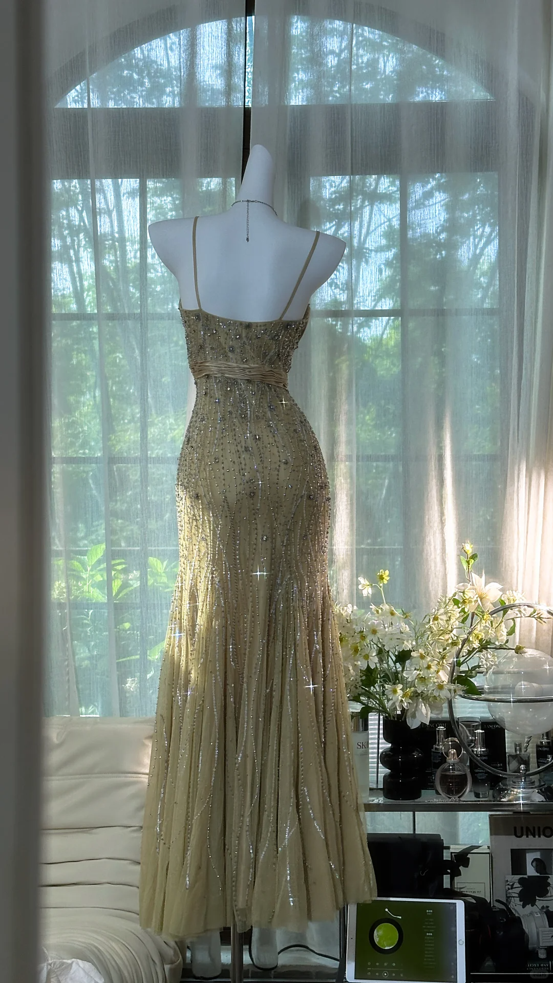 Classy Spaghetti Straps Green Chiffon Beaded Mermaid Long Prom Dress Evening Dress D1251