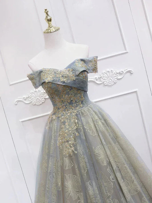 A-Line Tulle Lace Off Shoulder Gray Long Prom Dress ED002