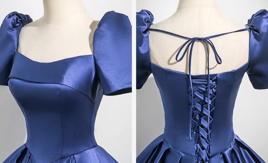 Blue A-line square neck satin long prom dress, blue evening dress ED01029