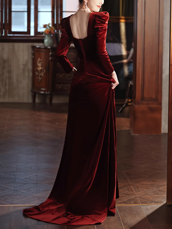 Burgundy A-line square neck velvet long sleeves long prom dress, Burgundy evening dress ED01032