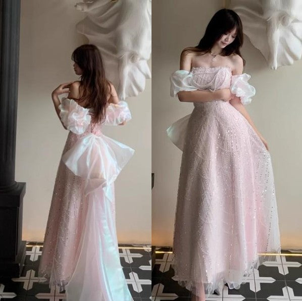 Pink A-line off-shoulder tulle sequins beaded long prom dress, pink evening dress HZ1024