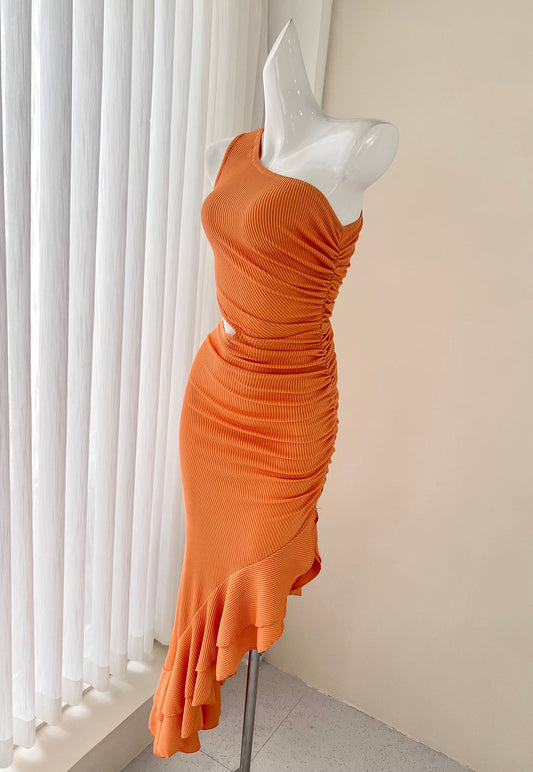 One-shoulder sleeveless dress with ruffled slits ED01045