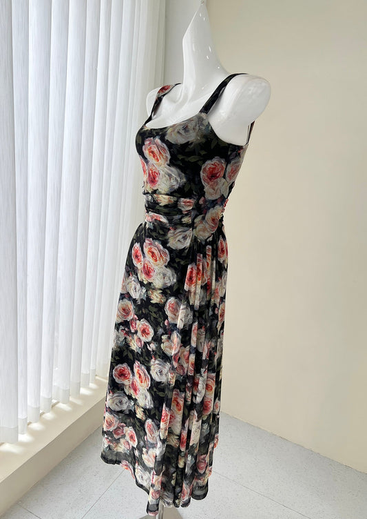 French style black floral sling tea dress ED01046