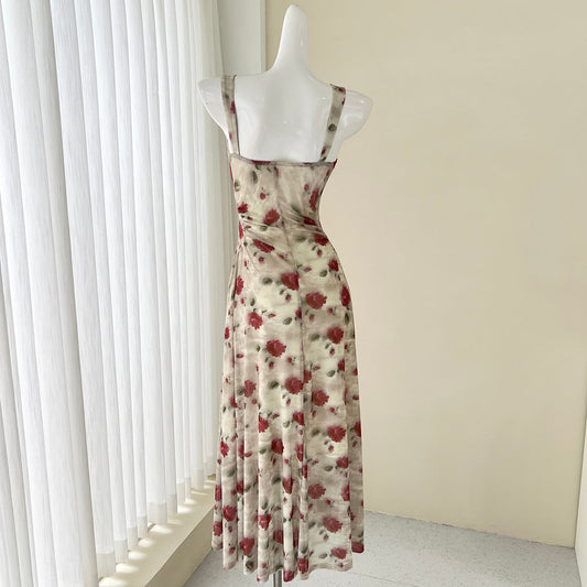 French red floral sling tea dress ED01047