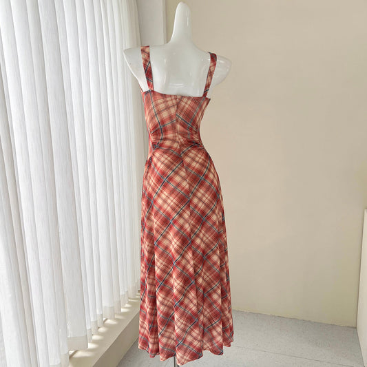 French retro plaid suspender tea dress ED01048