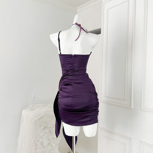 Purple Floral Halter Neck Satin Tube Dress ED01050