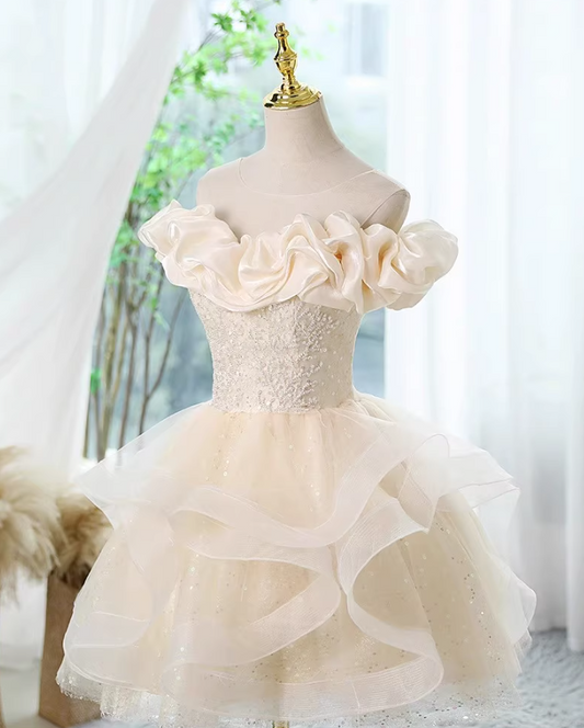 A-line off-the-shoulder tulle lace short prom dress, champagne homecoming dress HZ1024