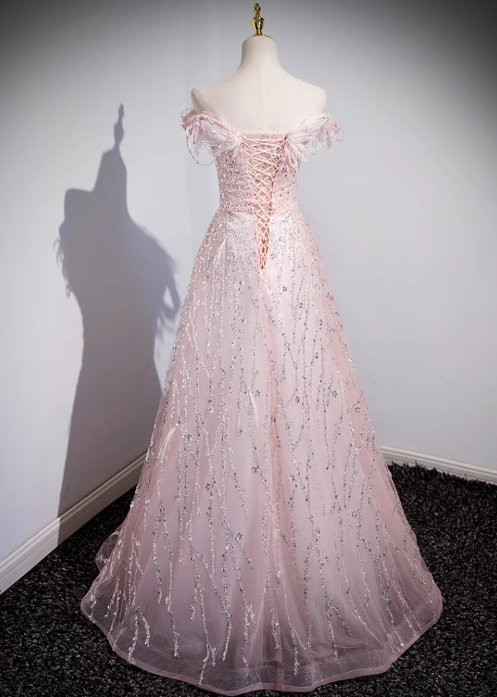 A-line off-the-shoulder tulle lace sequined long prom dress, pink evening dress HZ1024