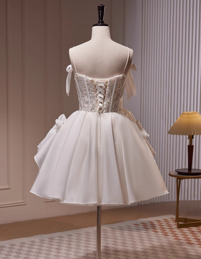 Off-white A-line spaghetti strap tulle lace short prom dress, Off-white homecoming dress birthday dresss ED1072