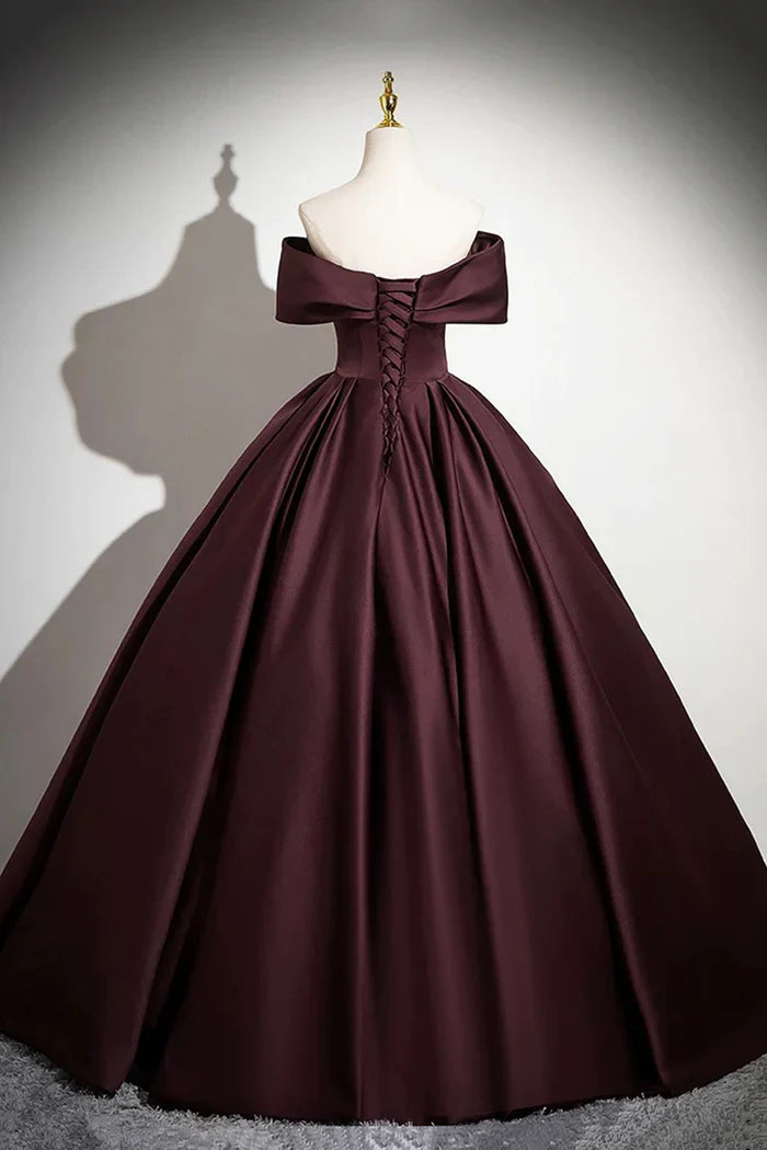 Burgundy Satin Long Prom Dress, Burgundy Off-the-Shoulder Formal Dress ED01095
