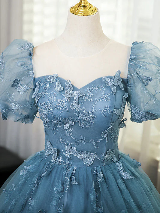 Formal Evening Dress under $170||Fairytale_©µ A-Line Puff Sleeves Tulle Lace Gray BlueSweet Long Prom Dress for Birthday ED01098