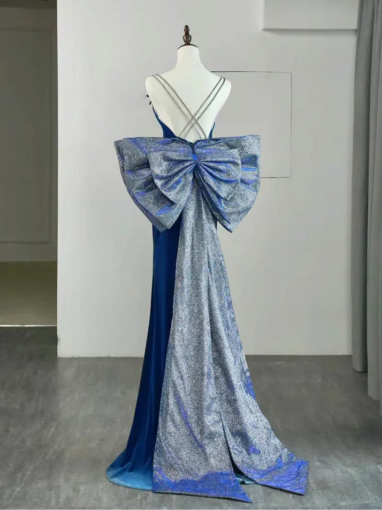 Mermaid Velvet Blue Long Prom Dress, Mermaid Long Formal Dress ED011