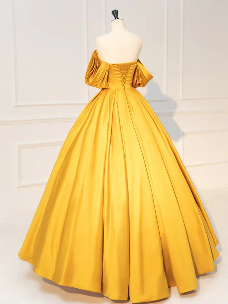 A-Line Off Shoulder Satin Yellow Long Prom Dress, Yellow Long Formal Dress ED01112