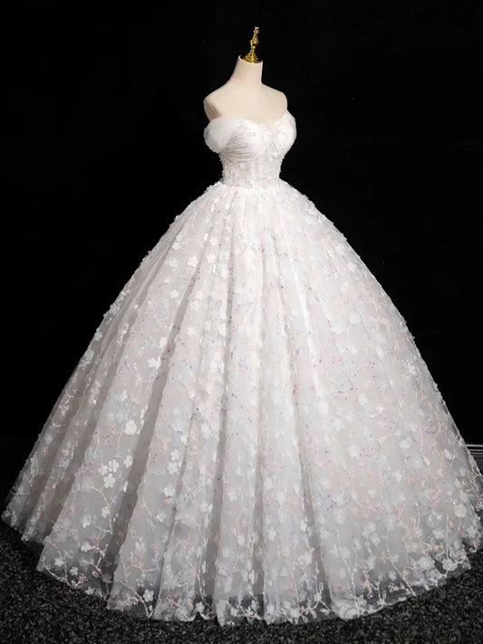 A-Line Sweetheart Neck Tulle Lace White Long Prom Dress, White Lace Formal Dress ED01134